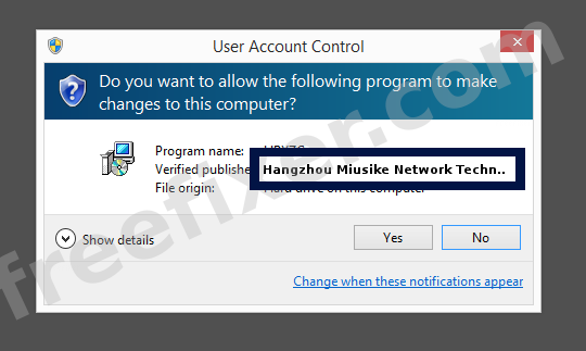 Screenshot where       Hangzhou Miusike Network Technology, Inc. appears as the verified publisher in the UAC dialog